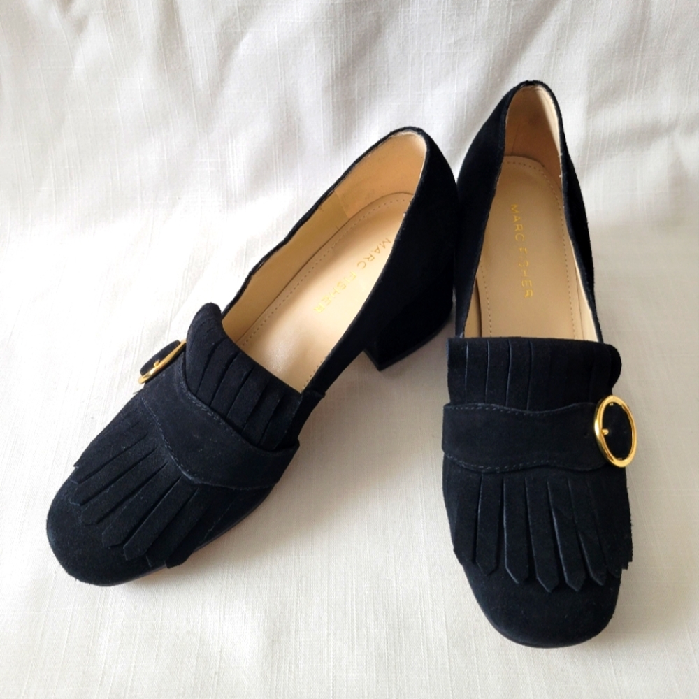 Mark Fisher Black Suede Block Heel & Fringe Loafer size 6 - Picture 8 of 15